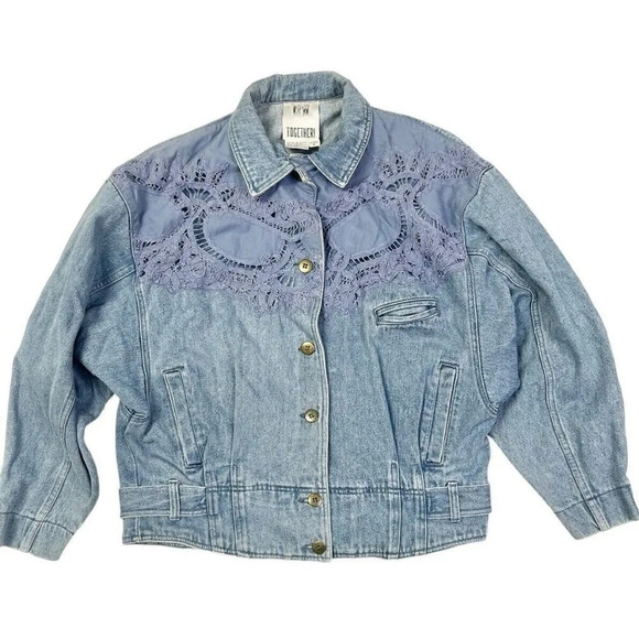 Vintage Jackets & Blazers - Vtg Denim Jacket Womens Medium Cropped Lace Boho Western 80s Rodeo Jean Boxy